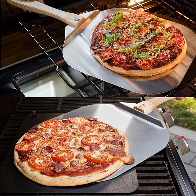 Chef Pomodoro Pizza Peel 16 Inch, Metal Spatula with Foldable Wood Handle | Commercial-grade Aluminum & Wood Paddle, 14x16in Head, Extends to 26in; Transfers Pizza, Bread & Pastries to Oven, Grill