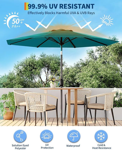 GarveeLife 10 ft Patio Umbrella, Outdoor Table Market Umbrella with Push Button Tilt and Crank, 8 Sturdy Ribs UV Protection Waterproof for Garden, Deck, Backyard, Pool (Turquoise Blue)