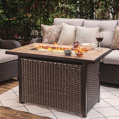 Nuu Garden Propane Fire Pit Table, CSA Certified 43 Inch 50,000 BTU Outdoor Gas Fire Pit Table with Ceramic Tabletop, 7 lbs Glass Stone and Oxford Cover, Dark Brown and Coffee