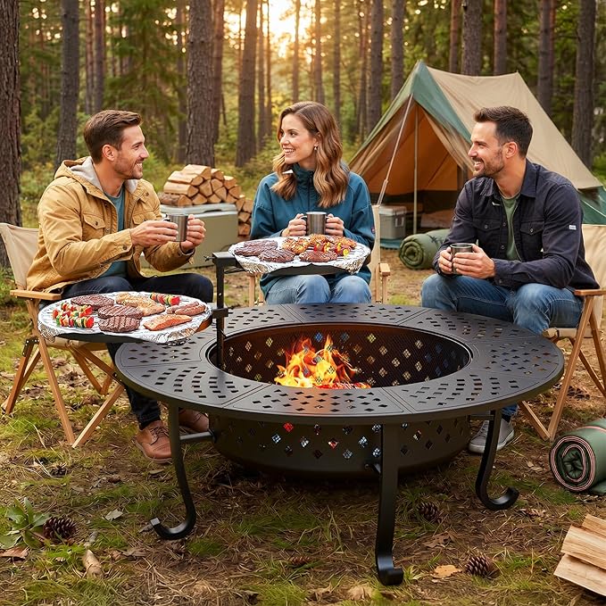 Outdoor Fire Pit, 48" Fire Pit for Outside Wood Burning with Adjustable 2 Grills, Firepit with Lid and Fire Poker, BBQ, Bonfire, Round Outdoor Fireplace 3 in 1 for Patio, Backyard, Garden, Camping