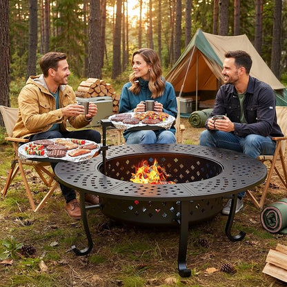 Outdoor Fire Pit, 48" Fire Pit for Outside Wood Burning with Adjustable 2 Grills, Firepit with Lid and Fire Poker, BBQ, Bonfire, Round Outdoor Fireplace 3 in 1 for Patio, Backyard, Garden, Camping