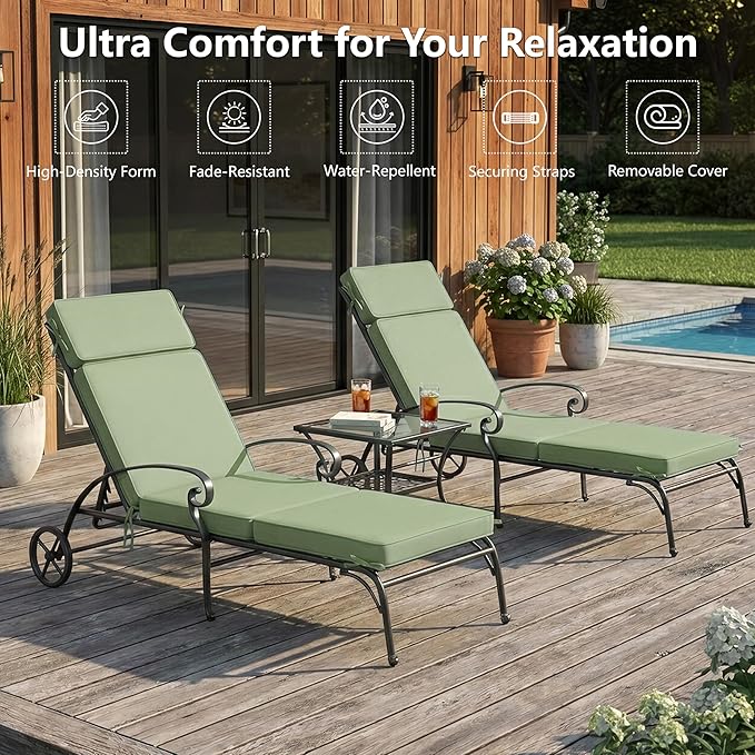 72 x 21 Inch Outdoor Chaise Lounge Cushions Set of 2 - Removable Cover, 4-Section Design, Water-Repellent & Fade-Resistant, 6 Tie Straps, Replacement for Patio & Pool Chairs - Sage Green