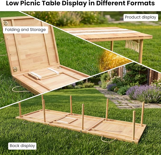 90" x 30" Boho Low Picnic Table, Foldable Solid Wood Construction | Beach Table with Tablecloth & Adjustable Legs, Indoor & Outdoor Use for Beach, Camping, BBQ, Wedding & Warm Family Gatherings