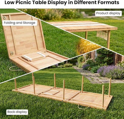 90" x 30" Boho Low Picnic Table, Foldable Solid Wood Construction | Beach Table with Tablecloth & Adjustable Legs, Indoor & Outdoor Use for Beach, Camping, BBQ, Wedding & Warm Family Gatherings