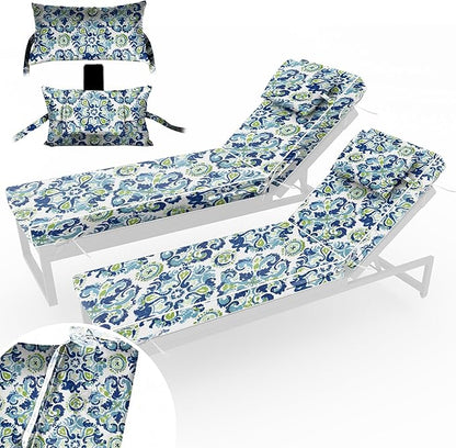Chaise Lounge Cushions Outdoor Set of 2 Lounge Chair Cushion 80" L x 26" W with Headrest Straps 3'' Thick Waterproof Patio Chaise Cushions Pool Lounger Chair Cushion(Ocean)
