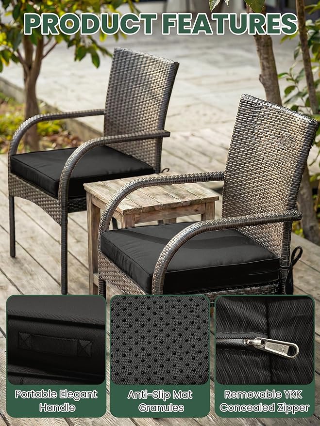 Outdoor Chair Cushion 17 x 16 x 3 Inches Patio Furniture Outdoor Waterproof Seat Cushion, Patio Chair Cushion with Handles and Ties, Square Dining Chair Cushion Set of 2, Black