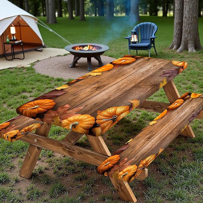 Picnic Table Cover with Bench Covers Elastic Edges, Outdoor Patio Camping Essentials 72 Inch 3PCS, Camper Fitted Table Cover, Waterproof Rectangle Tablecloth with Drawstring Bag,Orange