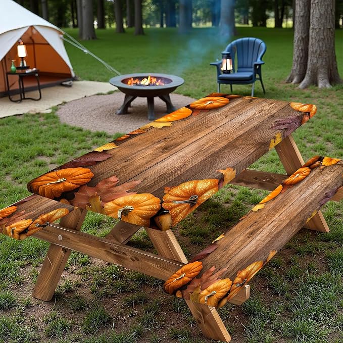 Picnic Table Cover with Bench Covers Elastic Edges, Outdoor Patio Camping Essentials 60 Inch 3PCS, Camper Fitted Table Cover, Waterproof Rectangle Tablecloth with Drawstring Bag,Pumpkin