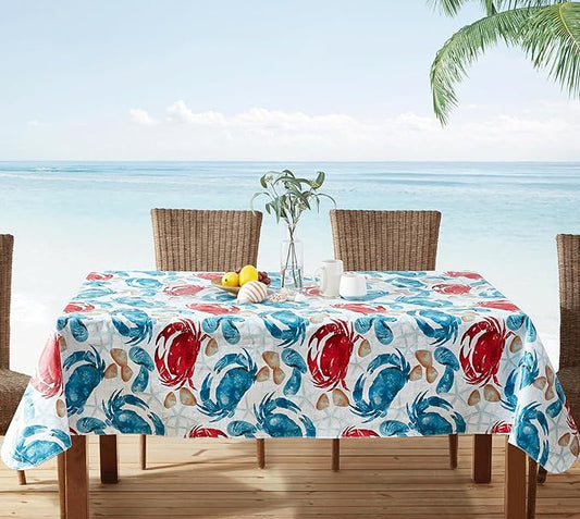 Newbridge Stone Crab Summer Vinyl Flannel Backed Tablecloth, 52 x 52 Inch Square, Coastal Crab Print, Waterproof Indoor Outdoor Table Cover, Beach House Nautical Seafood Boil Patio Dining