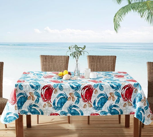 Newbridge Stone Crab Summer Vinyl Flannel Backed Tablecloth, 60 x 102 Inch Rectangle, Coastal Crab Print, Waterproof Indoor Outdoor Table Cover, Beach House Nautical Seafood Boil Patio Dining
