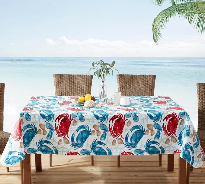 Newbridge Stone Crab Summer Vinyl Flannel Backed Tablecloth, 60 x 84 Inch Rectangle, Coastal Crab Print, Waterproof Indoor Outdoor Table Cover, Beach House Nautical Seafood Boil Patio Dining