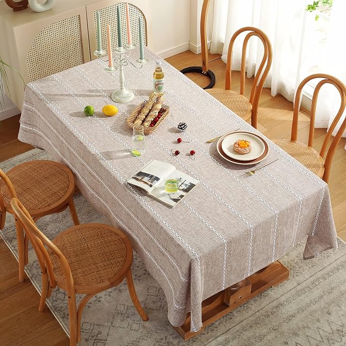 Chassic Rectangle Tablecloth 60 x 120 Inch, Farmhouse Boho Linen Table Cloths, Wrinkle Free & Washable Tablecloths for Dining Tables, Neutral Kitchen & Dining Decor – Hemstitch Light Coffee