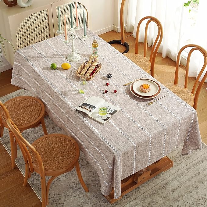 Chassic Rectangle Tablecloth 54 x 72 Inch, Farmhouse Boho Linen Table Cloths, Wrinkle Free & Washable Tablecloths for Small Dining Tables, Neutral Kitchen & Dining Decor – Hemstitch Light Coffee