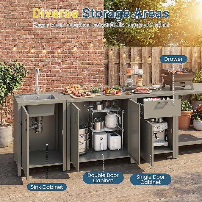Wisteria Lane Outdoor Storage Cabinet with Stainless Steel Sink, Aluminum Modular Outdoor Kitchen, All Weather Kitchen Island with Double Door Storage, Patio Bar Table for BBQ, Porch, Backyard