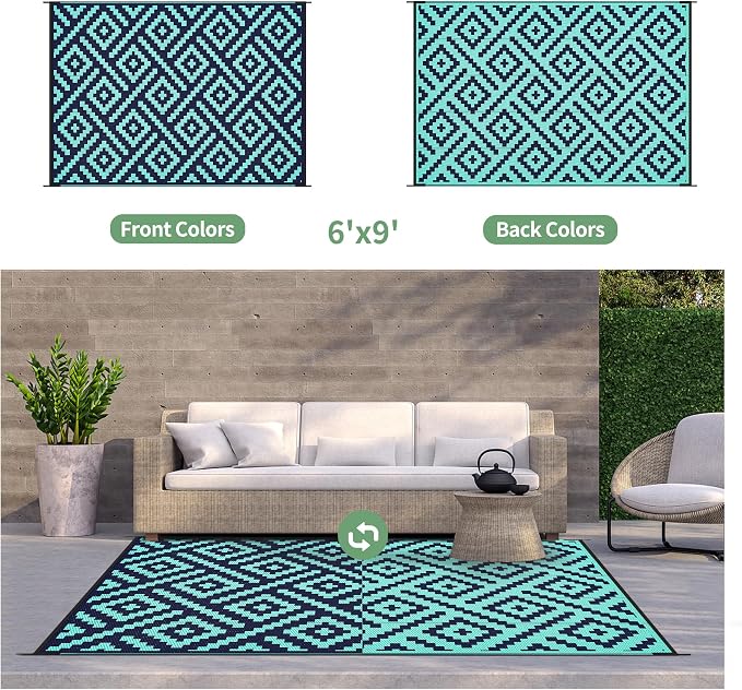 GENIMO Outdoor Rug, Waterproof Plastic Rugs for Patio, 6'x9' Blue Green | Outside Larger Modern Carpet Mat for Porch Decor, Deck, Balcony, Camping, RV, Backyard, Picnic, Beach, Reversible, Foldable