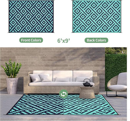GENIMO Outdoor Rug, Waterproof Plastic Rugs for Patio, 6'x9' Blue Green | Outside Larger Modern Carpet Mat for Porch Decor, Deck, Balcony, Camping, RV, Backyard, Picnic, Beach, Reversible, Foldable