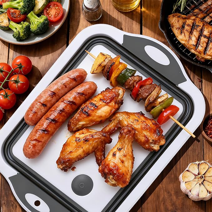QiMH Collapsible BBQ Prep Tub, Picnic Basket with Lid Foldable Dish Basin, Washing and Draining Veggies Fruits, Food Grade Portable Cutting Board for Camping, Traveling, and Kitchen