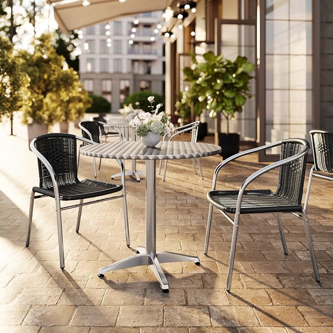 Flash Furniture Lila 31.5'' Round Aluminum Indoor-Outdoor Table Set with 2 Black Rattan Chairs | Indoor/Outdoor Use, Black Rattan Chairs