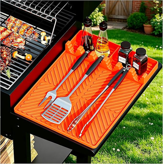 Silicone Griddle Tools Mat for Blackstone griddle accessories, Reusable grill accessories, Spatula Silicone Mat with Drip Pad for Outdoor Grill Side Shelves 16 * 11.5 inches （Orange)
