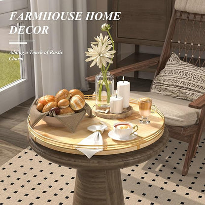 AMH 18-Inch Rustic Lazy Susan with Solid Oak Base and Black Iron Rail | Smooth rotating oak tray with walnut finish for dining tables, kitchen counters, pantries and cabinet storage.