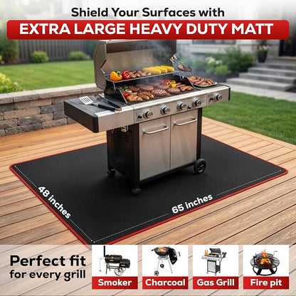 Fireproof Grill Mat for Outdoor Grill, 65*48” with Smart Reflective Border | BBQ Mat for Under Grill Made with Premium Silicon Fiberglass, Oil & Waterproof, Catches Greases & Protect Patio, Deck & Lawn