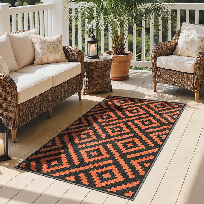 GENIMO Outdoor Rug 3'x5' Waterproof for Porch, Plastic Door Mat Orange Noir | Outside Modern Carpet for Patio Decor, Balcony, Deck, Backyard, Picnic, Camping, RV, Reversible, Foldable, Lightweight