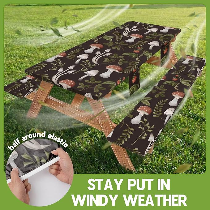 Picnic Table Cover with Bench Covers Waterproof Elastic Rectangle Furniture Fitted Table Cloth Tablecloth Glamping Camp Camper Camping Essentials Outdoor Road Trip Rv Car Travel Vacation Canping Gear