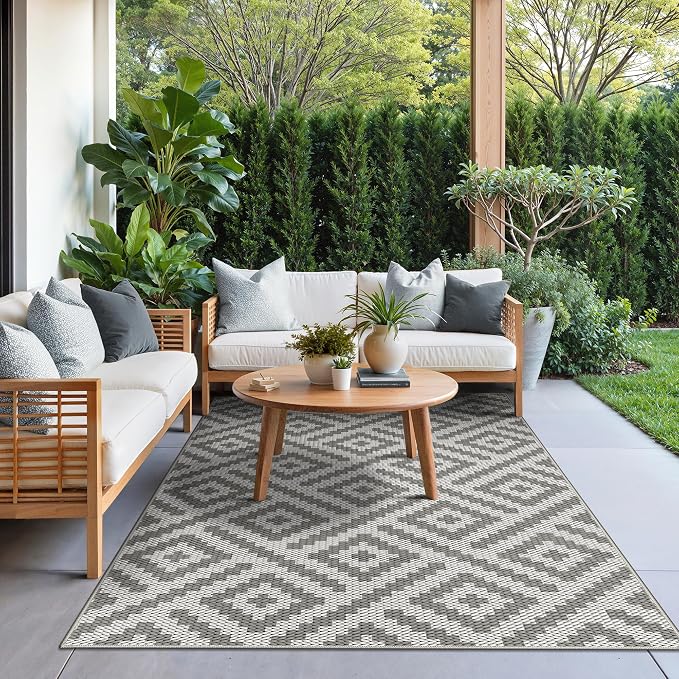 GENIMO Outdoor Rug, Waterproof Plastic Rugs for Patio, 6'x9' Cloud Grey | Outside Modern Carpet for Patio Decor, Balcony, Deck, Backyard, Picnic, Camping, RV, Reversible, Foldable, Lightweight