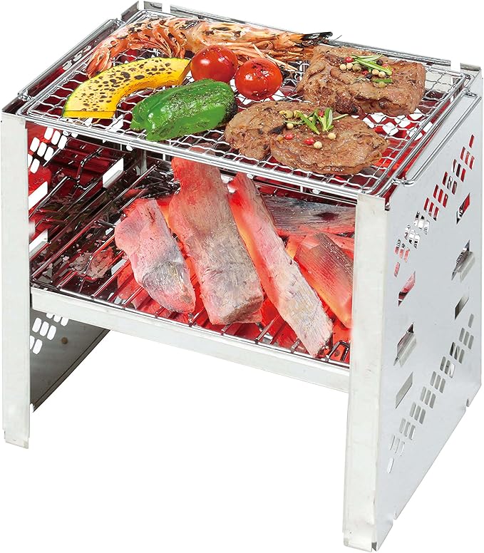 Captain Stag UY-7021 3-in-1 Barbecue Stove, Collapsible Kamado Grill, 3 Adjustable Heights, Stainless Steel, Bag Included, Silver