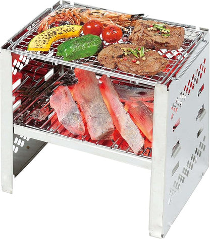 Captain Stag UY-7021 3-in-1 Barbecue Stove, Collapsible Kamado Grill, 3 Adjustable Heights, Stainless Steel, Bag Included, Silver