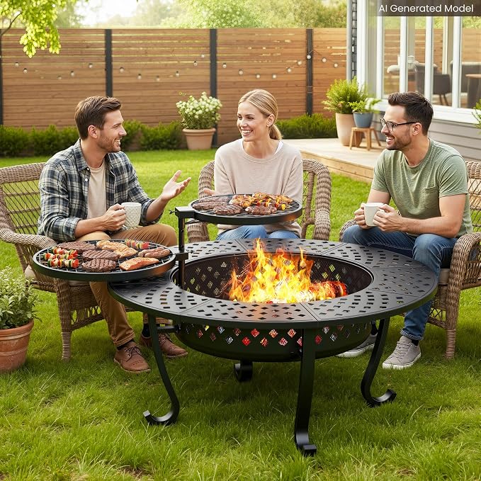3 in 1 43" Large Fire Pit for Outside Wood Burning with 2 Adjustable Grills | Outdoor Fireplace with Lid and Fire Poker, Firepit with BBQ & Bonfire & Round Metal Table for Patio, Backyard, Deck, Yard