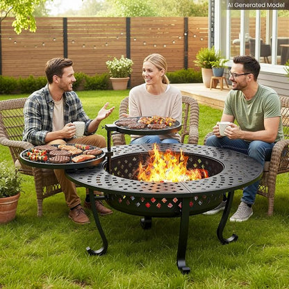 3 in 1 43" Large Fire Pit for Outside Wood Burning with 2 Adjustable Grills | Outdoor Fireplace with Lid and Fire Poker, Firepit with BBQ & Bonfire & Round Metal Table for Patio, Backyard, Deck, Yard