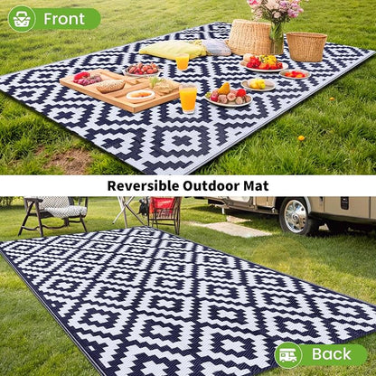 Smiry Outdoor Rug 9x18 ft Waterproof Reversible Boho Mat, White & Navy | Polypropylene Plastic Straw, Quick Drying, Lightweight Foldable, for Patio, Deck, RV Camping, Backyard and Indoor Outdoor Use