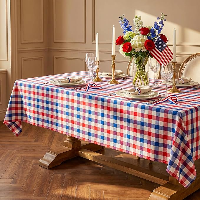 Patriotic Waterproof Tablecloth - Red, White & Blue Buffalo Plaid Table Cover, Stain-Resistant & Washable, Indoor & Outdoor Picnic Tablecloth for 4th of July, Memorial Day, W52 x L70 inch