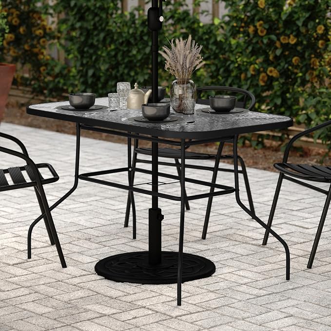 Flash Furniture Commercial 27.5x47.25 in Steel Patio Table, Black | Tempered Glass Top with Umbrella Hole