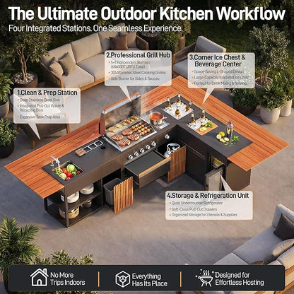 Outdoor Kitchen Island with Natural Teak and Powder Coated Stainless Steel Cabinet, LP Grill, Sink, Fridge, Movable BBQ Station Set for Backyard, Patio, Garden, Deck, Terrace (Grey, 4 SET)