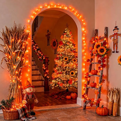 JMEXSUSS 200 LED Orange Halloween String Lights Outdoor Indoor Plug in | Connectable Orange Christmas Lights Clear Wire, Fall Light for Fireplace Tree Garden Patio Thanksgiving Fall Halloween Decor