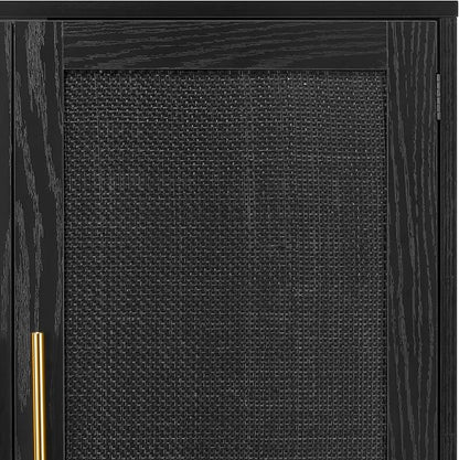 Finnhomy 4 Door Sideboard Buffet Cabinet, Kitchen Storage Buffet with Black Painted Rattan Decorated Doors, Cupboard Console Table, Boho Accent Liquor Cabinet, 62.3X 15.7X 34.6 Inches, Full Black