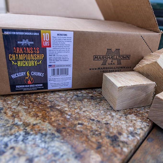 MARSHALLTOWN Arkansas Championship Hickory Wood Chunks for Smokers, 10 Pound Box of Genuine American Hickory Wood for Smoker and Grilling, Smoker Chunks, HCKCHNK10