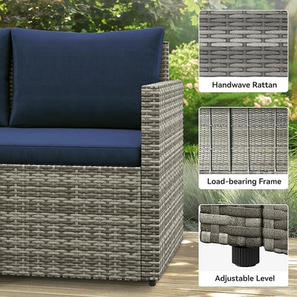 YITAHOME L-Shaped Patio Furniture Set, All Weather Wicker Outdoor Sectional Sofa Conversation Set with Dining Table and Ottoman, Navy Blue