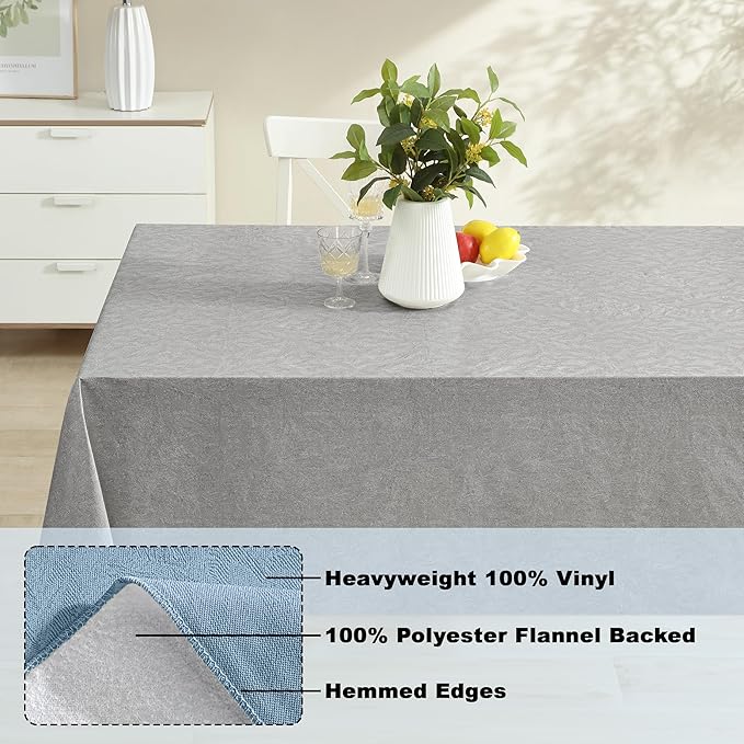 Newbridge Napa Leaf Grey Vinyl Flannel Backed Tablecloth, 52 x 52 Inch Square, Hotel Quality Waterproof Indoor Outdoor Table Cover for Kitchen, Patio, Dining, BBQ