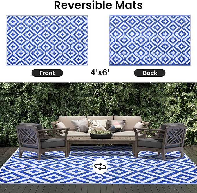 Smiry Outdoor Rug 4x6 ft Waterproof Reversible Boho Mat, White & Blue | Polypropylene Plastic Straw, Quick Drying, Lightweight Foldable, for Patio, Deck, RV Camping, Backyard and Indoor Outdoor Use