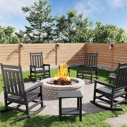 Garvee HDPE Rocking Chair Outdoor Set of 4 with 2 Side Table - Poly High Back Porch Rocker Chairs for Adults - All Weather Resistant Furniture for Patio Front Porch - Black