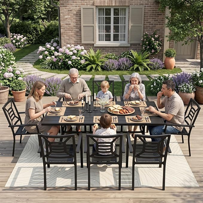 77" Extra Large Outdoor Metal Dining Table, Rectangular Wrought Iron Patio Table for 8 People, Weather-Resistant Steel Slatted Table with Umbrella Hole for Party & Backyard