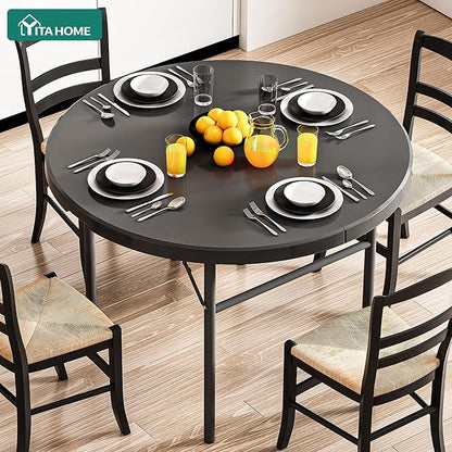 YITAHOME 48 Inch Round Folding Table with Carrying Handle, Portable Folding Round Table w/Heavy Duty Frame and Thick Tabletop for Indoor and Outdoor Dining, Camping, Parties, Picnics, BBQs, Black