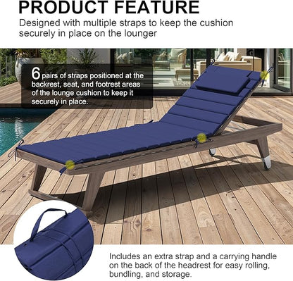 Crestlive Products Chaise Lounge Cushion Outdoor Set of 2, Foldable Waterproof Pool Lounge Chair Cushions with Straps, Lounger Cushions for Outdoor Furniture， 80''Lx26''W (Navy)