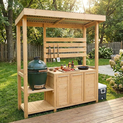 ECACAD Outdoor Kitchen Island with Canopy & Trash Can Cabinet, 6.7FT Cedar Wood Grill Bar Counter Table with Storage Cabinet & Shelves, Grill Pavilion for Patio Kitchen, Backyard, Garden, Natural