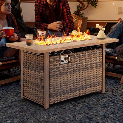Nuu Garden 43” Propane Fire Pit, CSA-Listed Rattan Outdoor Fire Pit Table, 50,000 BTU Smokeless Gas Fire Table with Lid and Glass Beads, 2-in-1 Rectangular Fire Table for Outside Backyard Patio, Brown