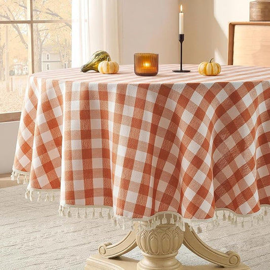 Softalker Fall Checkered Tablecloth 70 x 70 Inch Round, Heavy Weight Linen Cotton Gingham Thanksgiving Orange Table Cloth with Tassel, Wrinkle Free Buffalo Plaid Table Cover for Dining Party