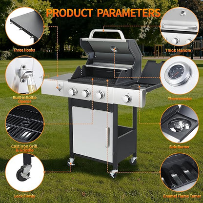 3-Burner Propane Gas Grill for Backyard - 39,000 BTU BBQ with Side Burner, Porcelain Cast Iron Grates, Stainless Steel Outdoor Grill for Camping & Tailgating, Fast Heating